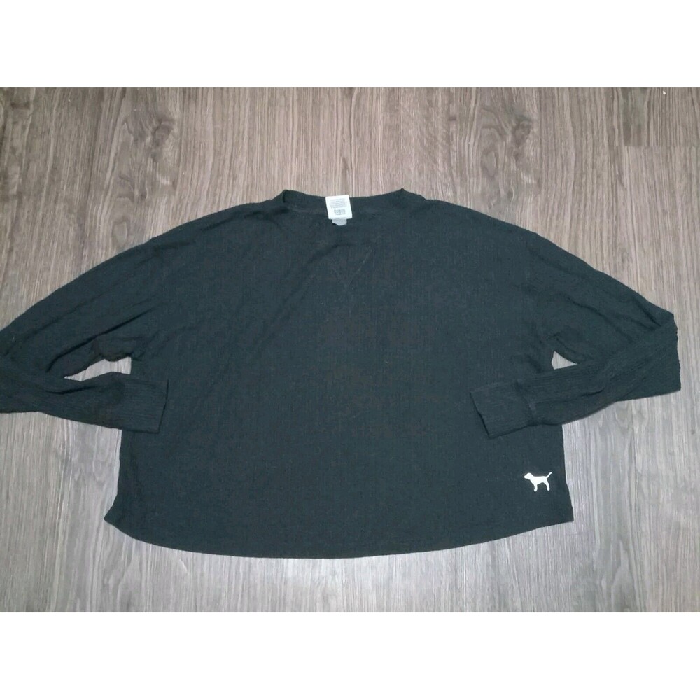 Pink By Victoria's Secret T Shirt  Women's Xs Black Cropped Ribbed Long Sleeve